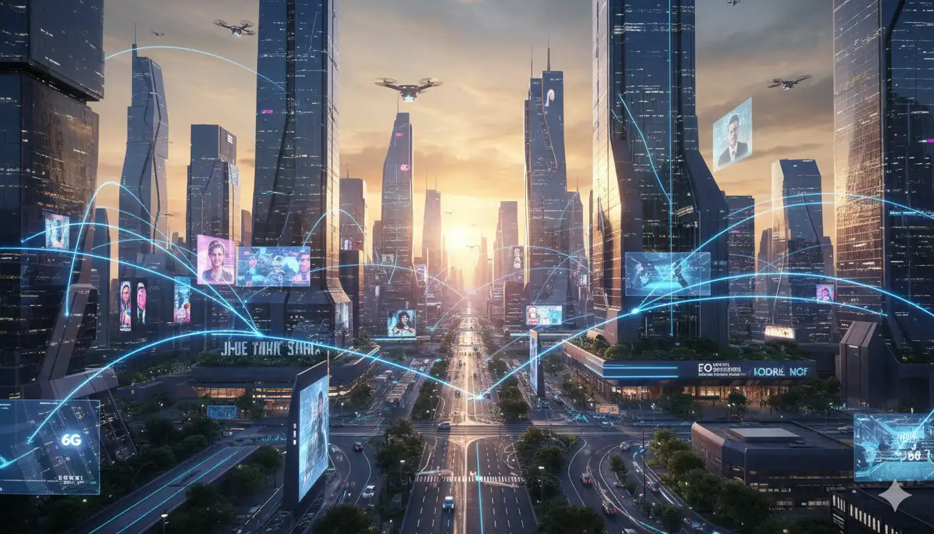 Illustration of global 6G connectivity powering industries and smart cities.